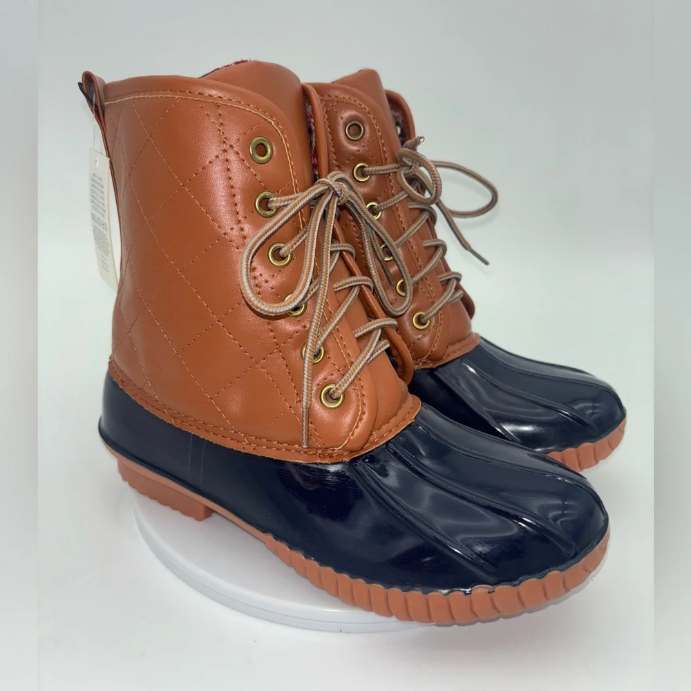 NEW Duck Boots Navy Blue Brown Youth Womens 5 Plaid Lace-Up Waterproof Fisherman